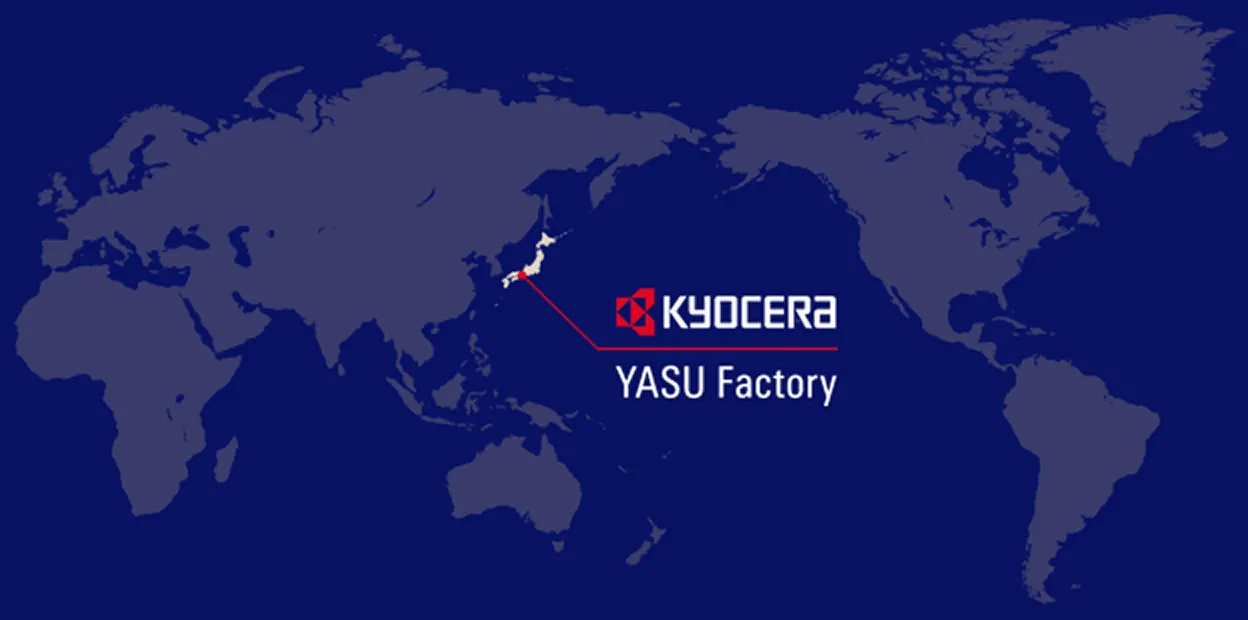 世界地図上に示された京セラ野洲工場の所在地